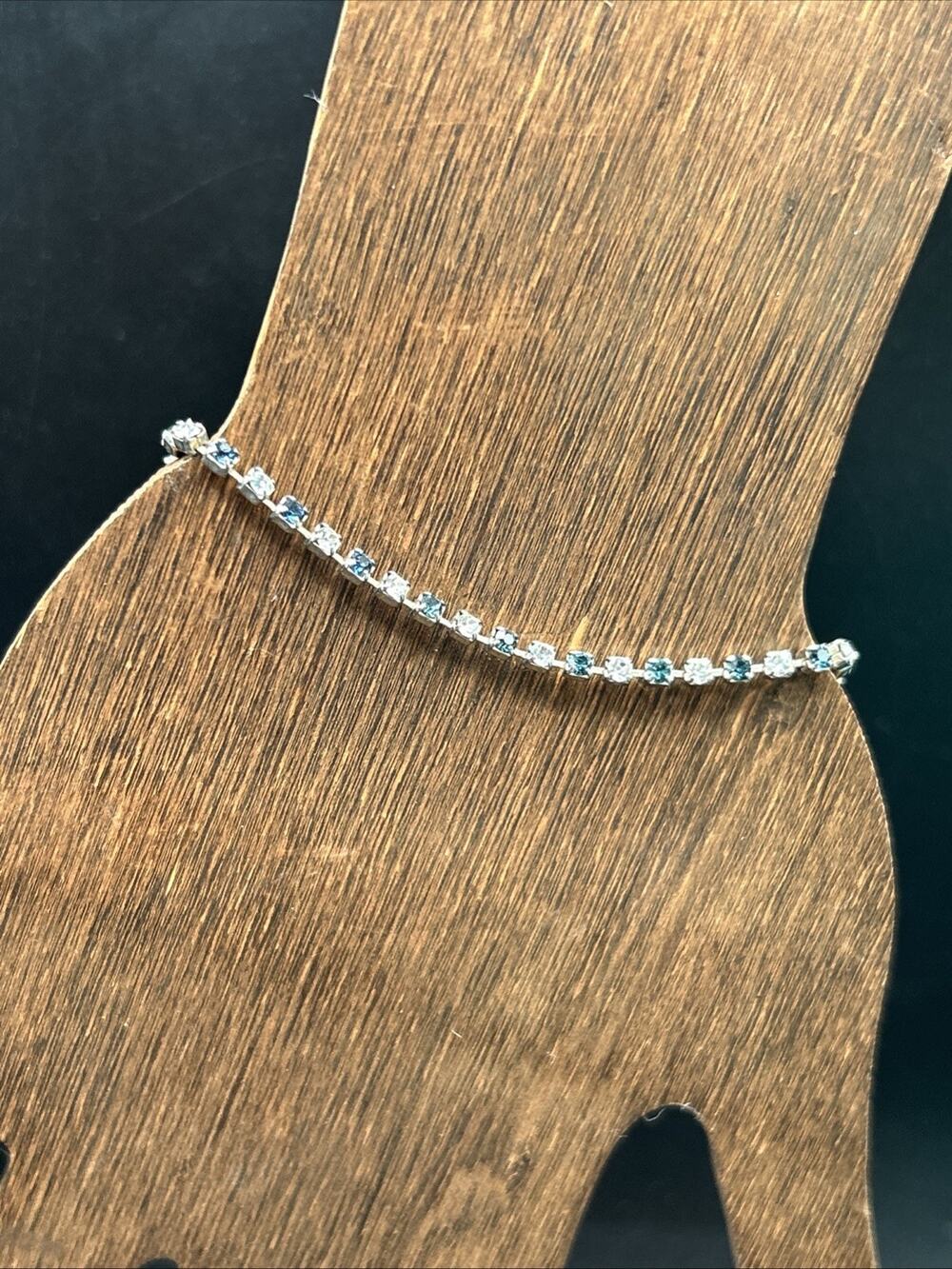 Dainty Silver Tennis Bracelet Prong Set Blue & Clear Rhinestones Box Closure